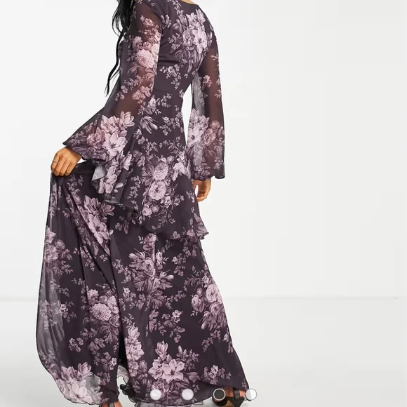 ASOS Long Sleeve Floral Dress in Purple and Black - Picture 2 of 4